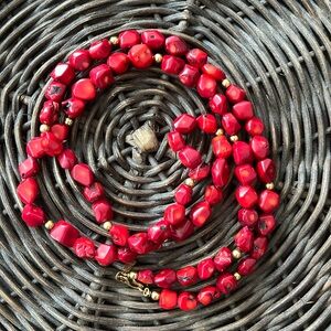 Francis Valentine red bead necklace with gold accent beads. Long . EUC